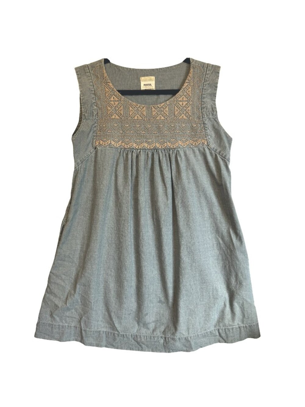 Fossil Blue Sleeveless Denim Shift Dress Embroidered Yoke Design Womens Size S